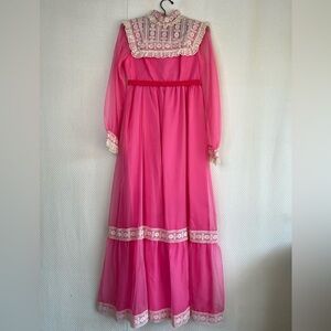 70s Vintage Long  Sleeve Ruffle Lace Cottagecore Maxi Dress